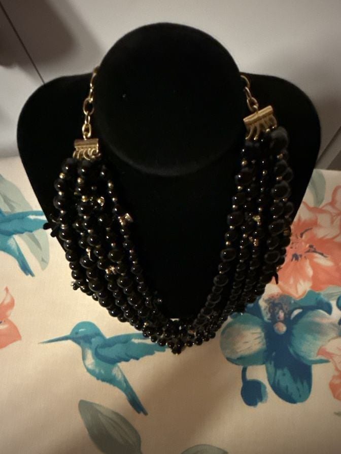 Talbots Multi Strand Black Beaded Statement Necklace Gold Tone Bib 3