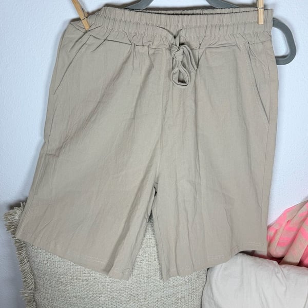 Women Linen Blend Drawstring Casual Shorts Size S Beige Pockets
