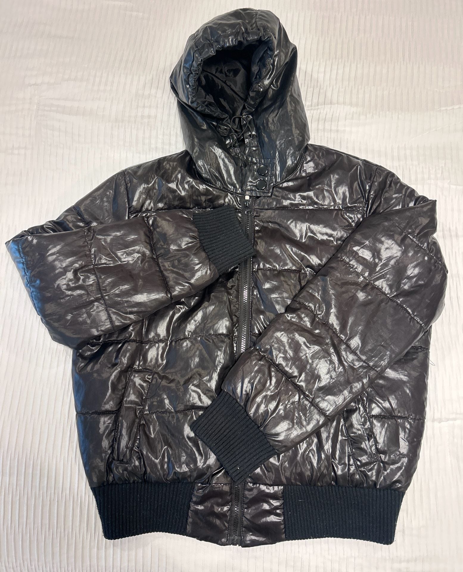 Aeropostale Puffer Jacket Size XL Black Shiny Hooded Puffer Coat 3