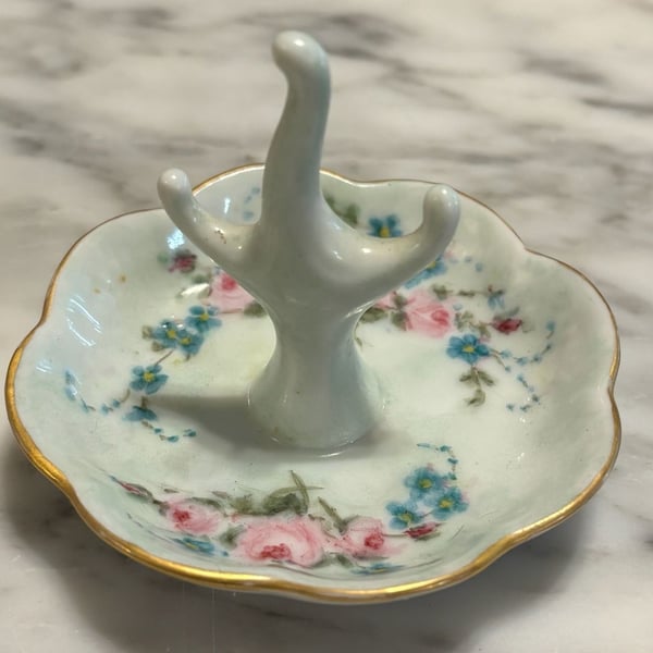 Vintage Hand Painted Floral Porcelain Ring Holder Vanity Dish