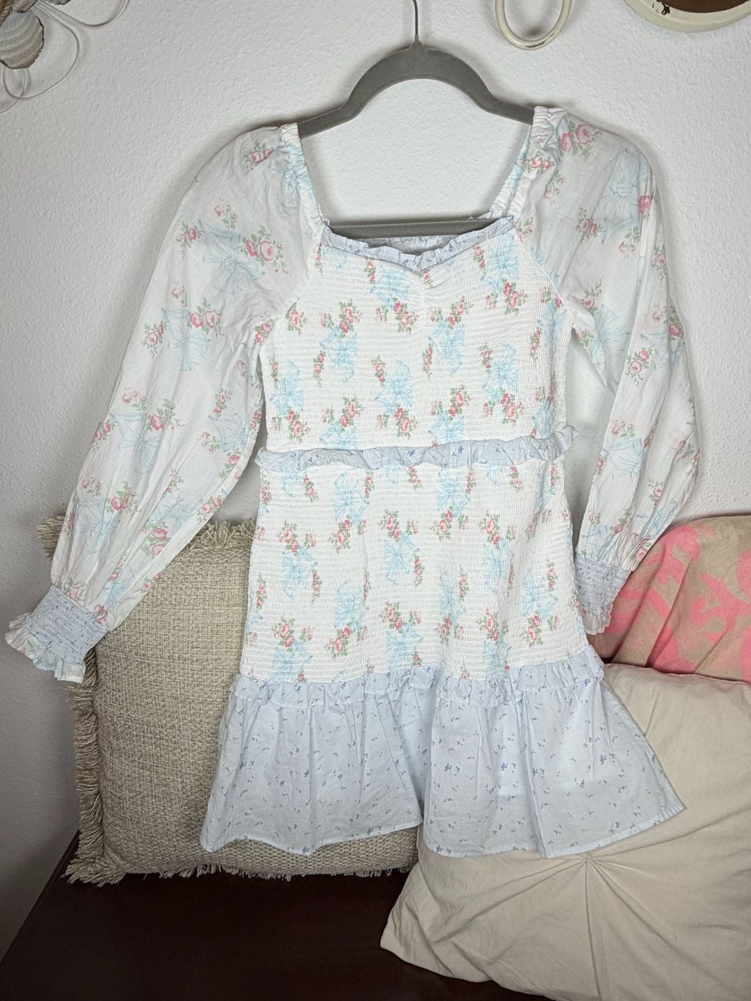 LoveShackFancy Juliet Ribbon Dress Size 12 Girls White Floral Smocked Ruffle 2