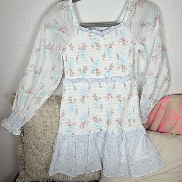 LoveShackFancy Juliet Ribbon Dress Size 12 Girls White Floral Smocked Ruffle
