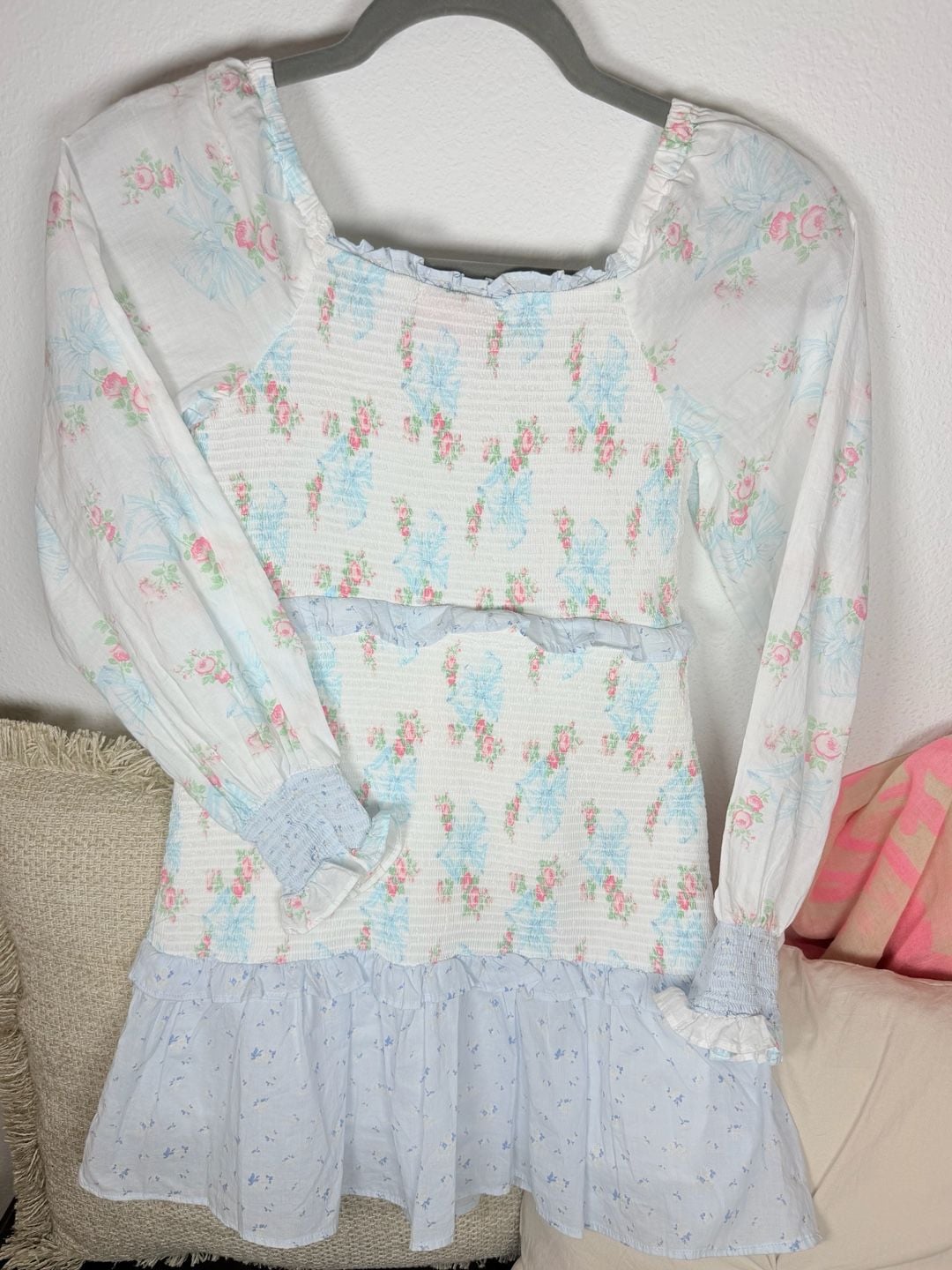 LoveShackFancy Juliet Ribbon Dress Size 12 Girls White Floral Smocked Ruffle 8