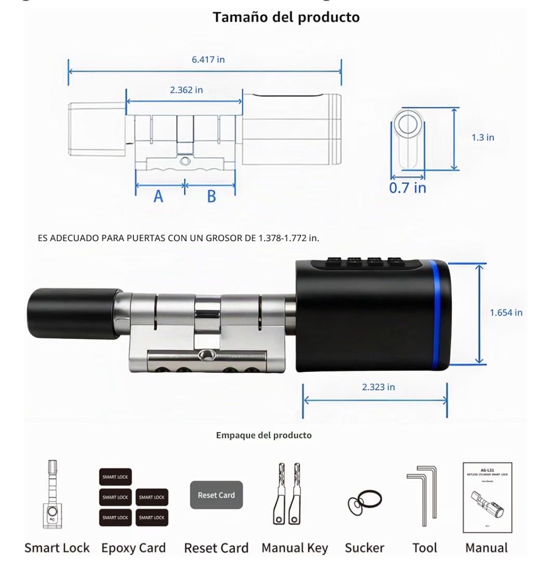 Smart Door Lock Cylinder Electronic Keyless Lock Black 2