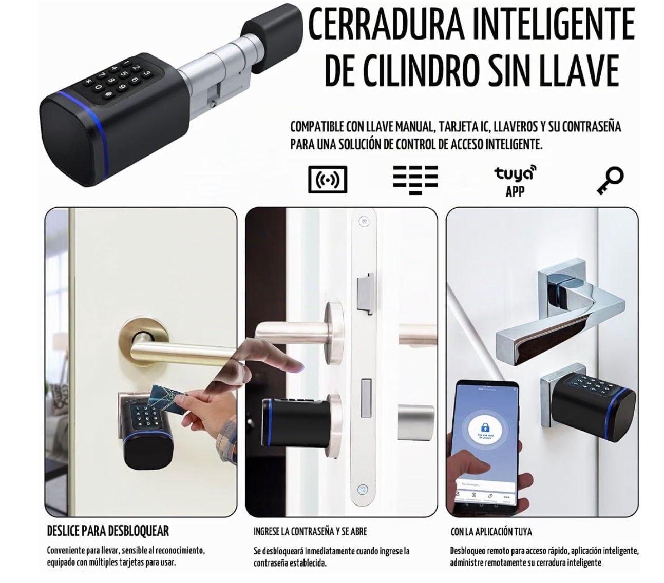 Smart Door Lock Cylinder Electronic Keyless Lock Black 6