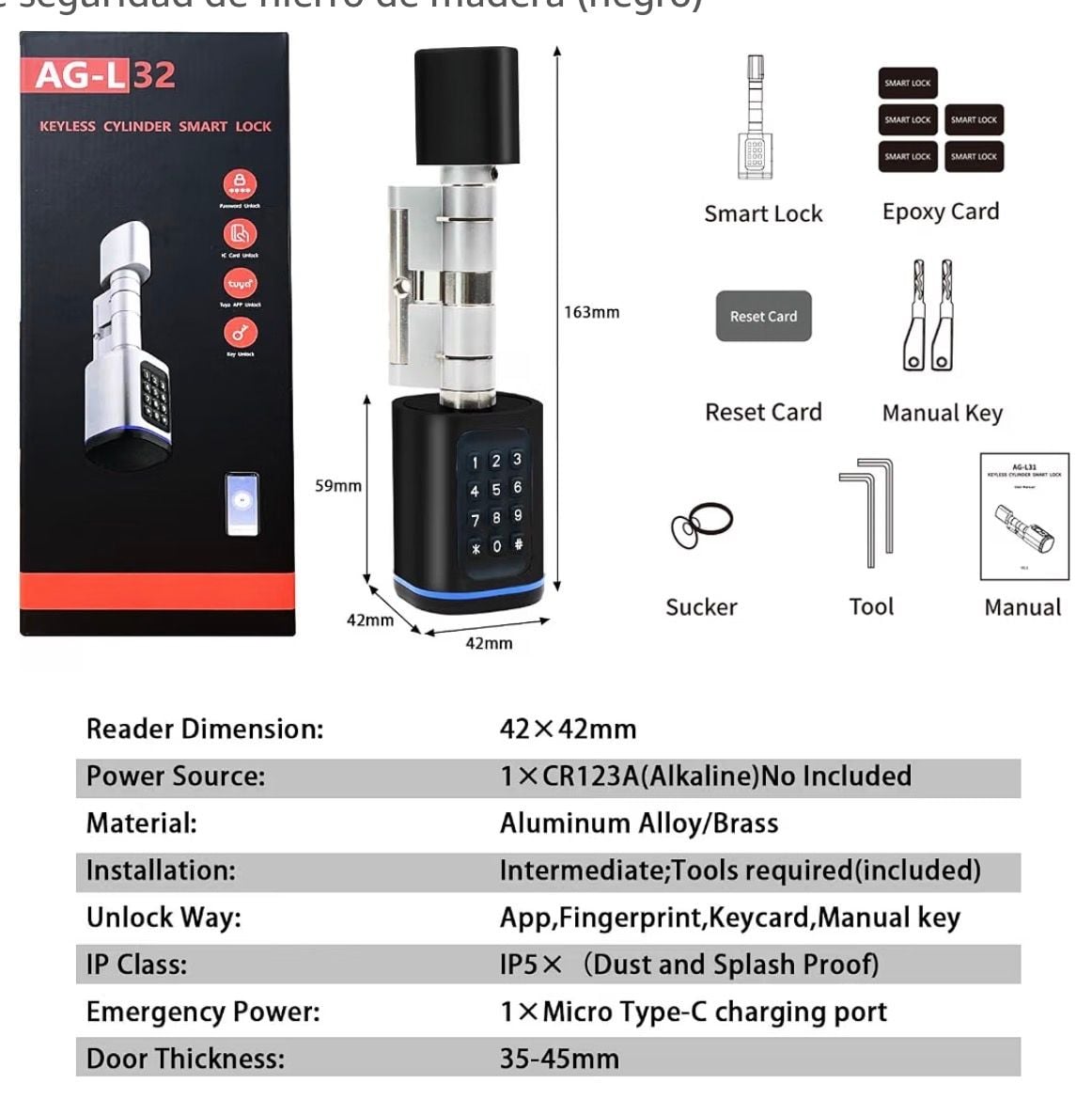 Smart Door Lock Cylinder Electronic Keyless Lock Black 7