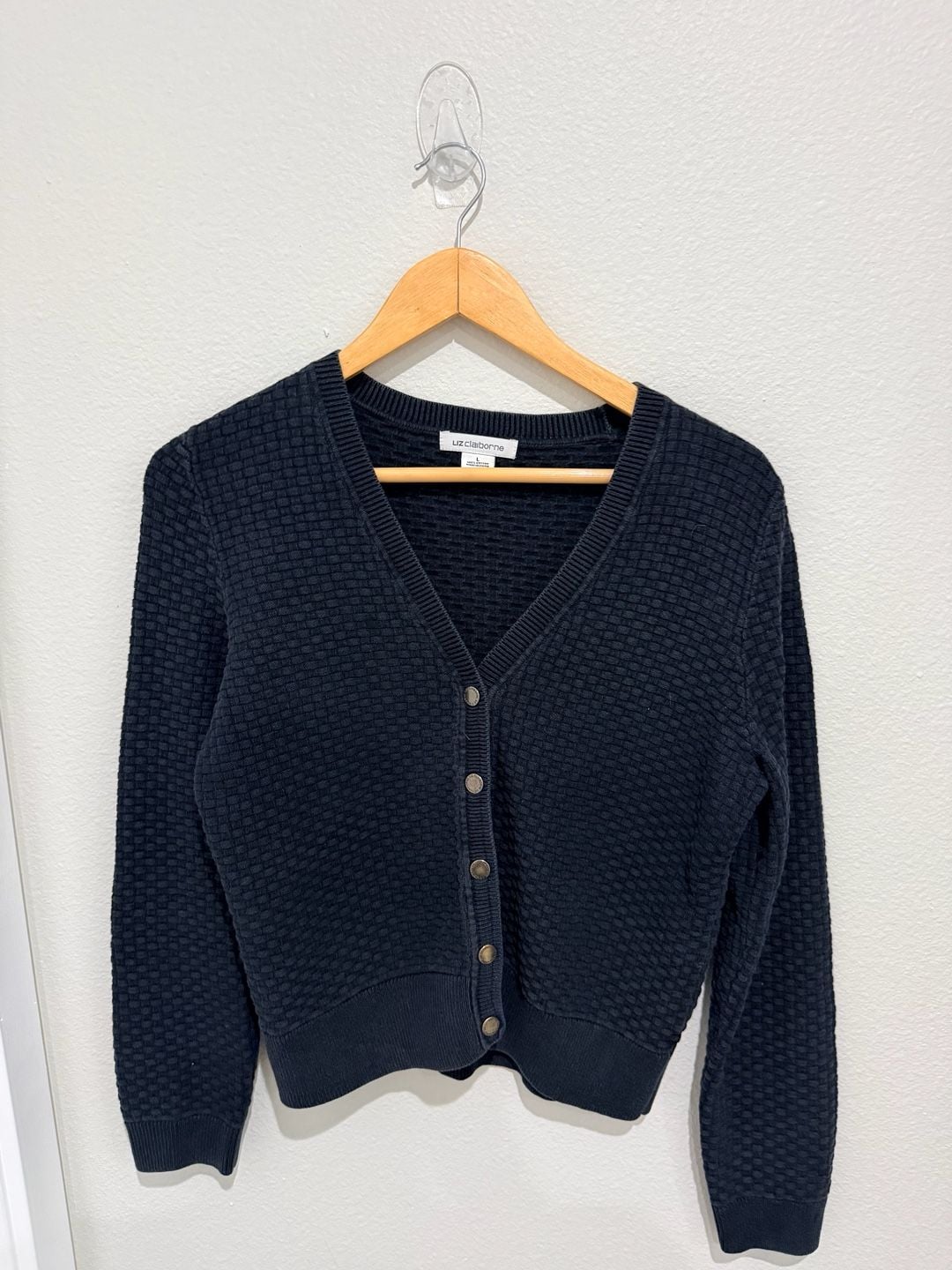 Liz Claiborne Cardigan Size L Black Cotton Snap Basket Weave 2