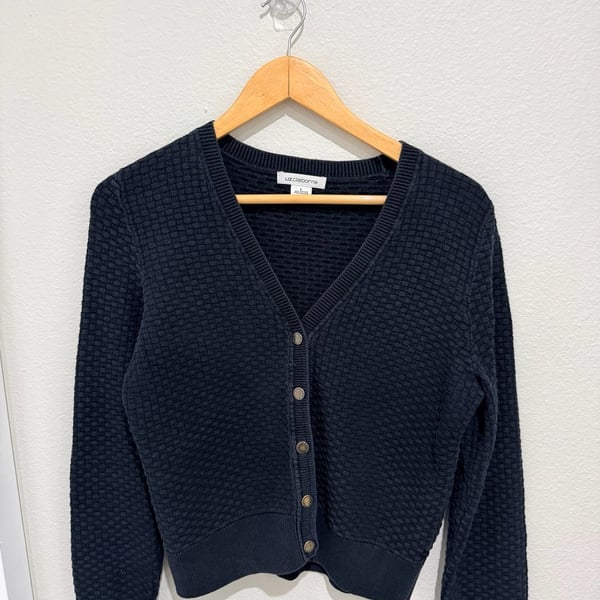 Liz Claiborne Cardigan Size L Black Cotton Snap Basket Weave