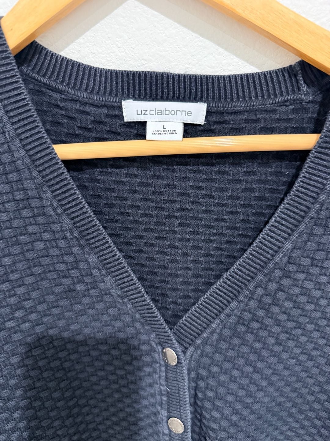 Liz Claiborne Cardigan Size L Black Cotton Snap Basket Weave 3