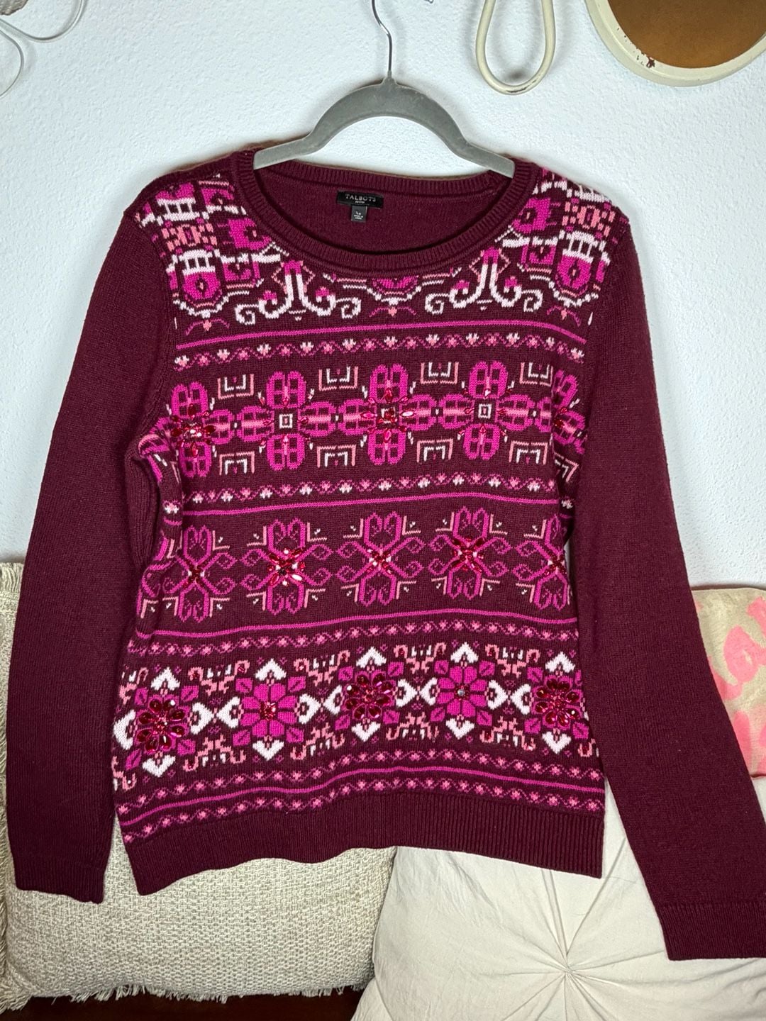 NWT Talbots Maroon Pink Fair Isle Lambswool Beaded Jewel Sweater Size S 2