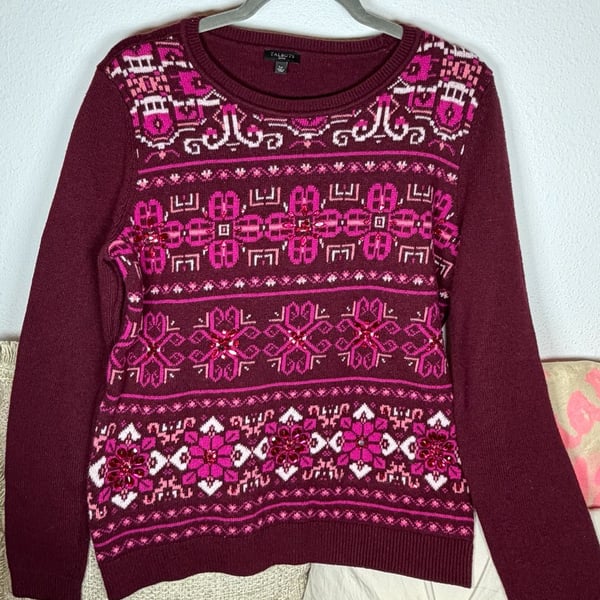 NWT Talbots Maroon Pink Fair Isle Lambswool Beaded Jewel Sweater Size S
