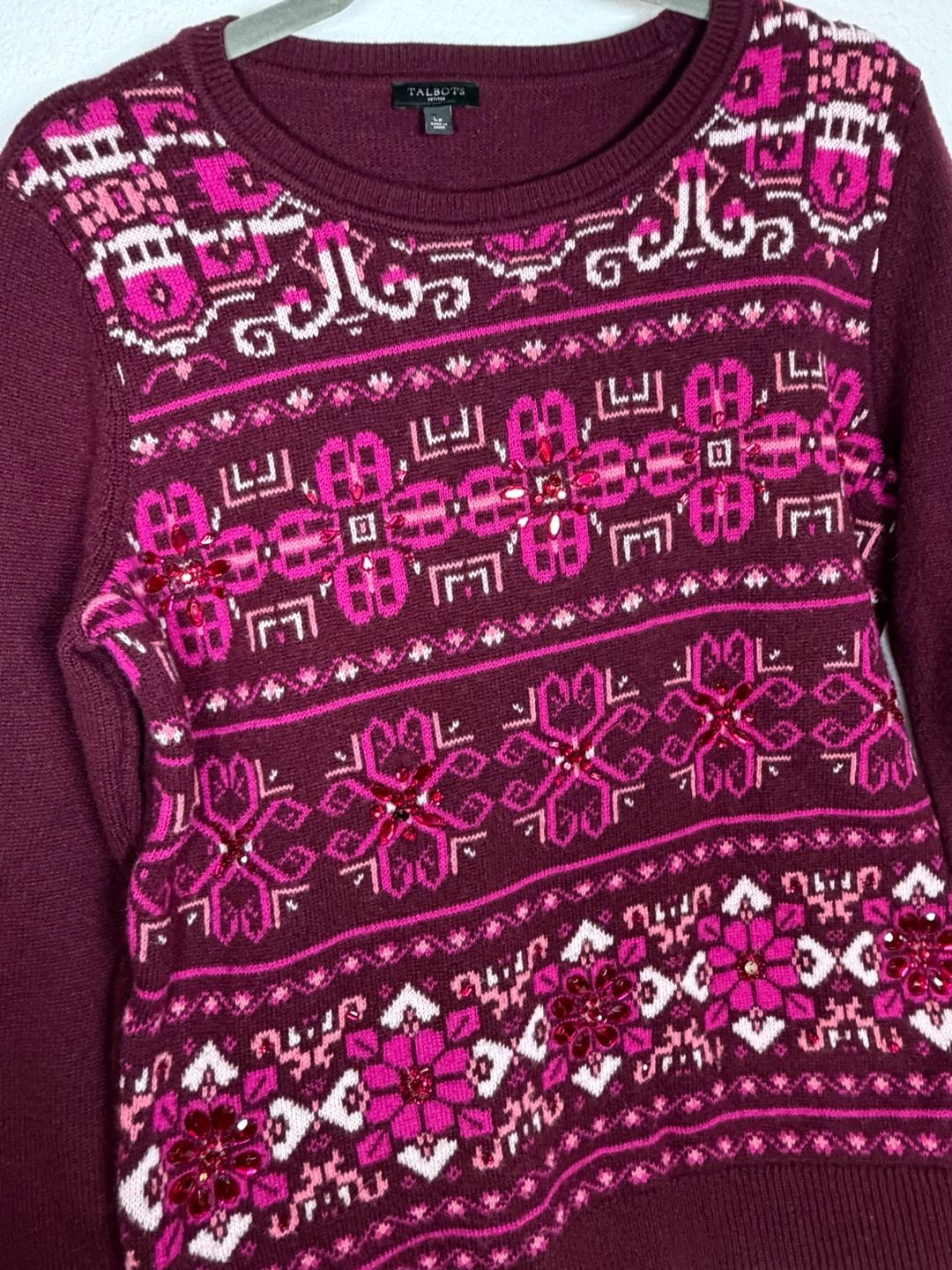 NWT Talbots Maroon Pink Fair Isle Lambswool Beaded Jewel Sweater Size S 3
