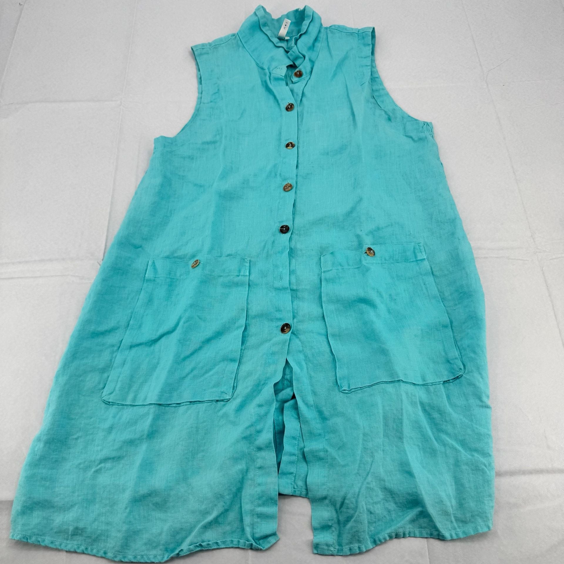 Kleen Linen Dress Size S Turquoise Sleeveless Button Front Pockets 2