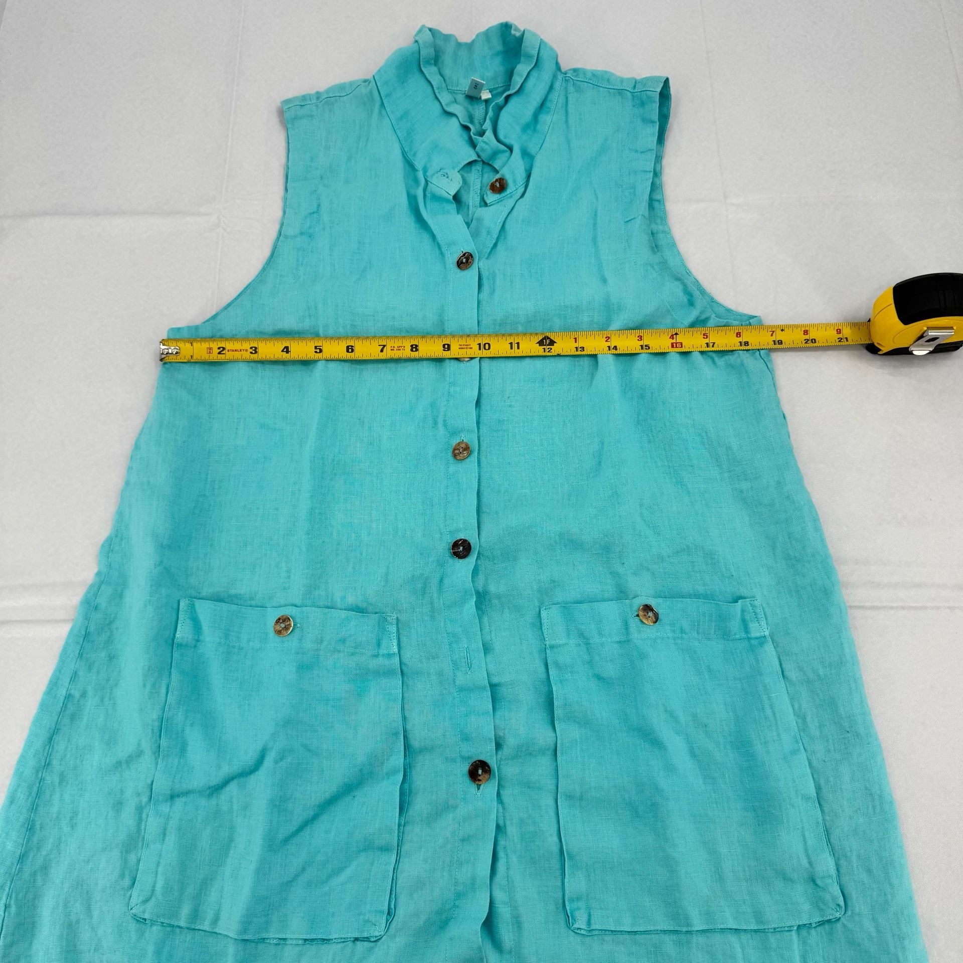 Kleen Linen Dress Size S Turquoise Sleeveless Button Front Pockets 6