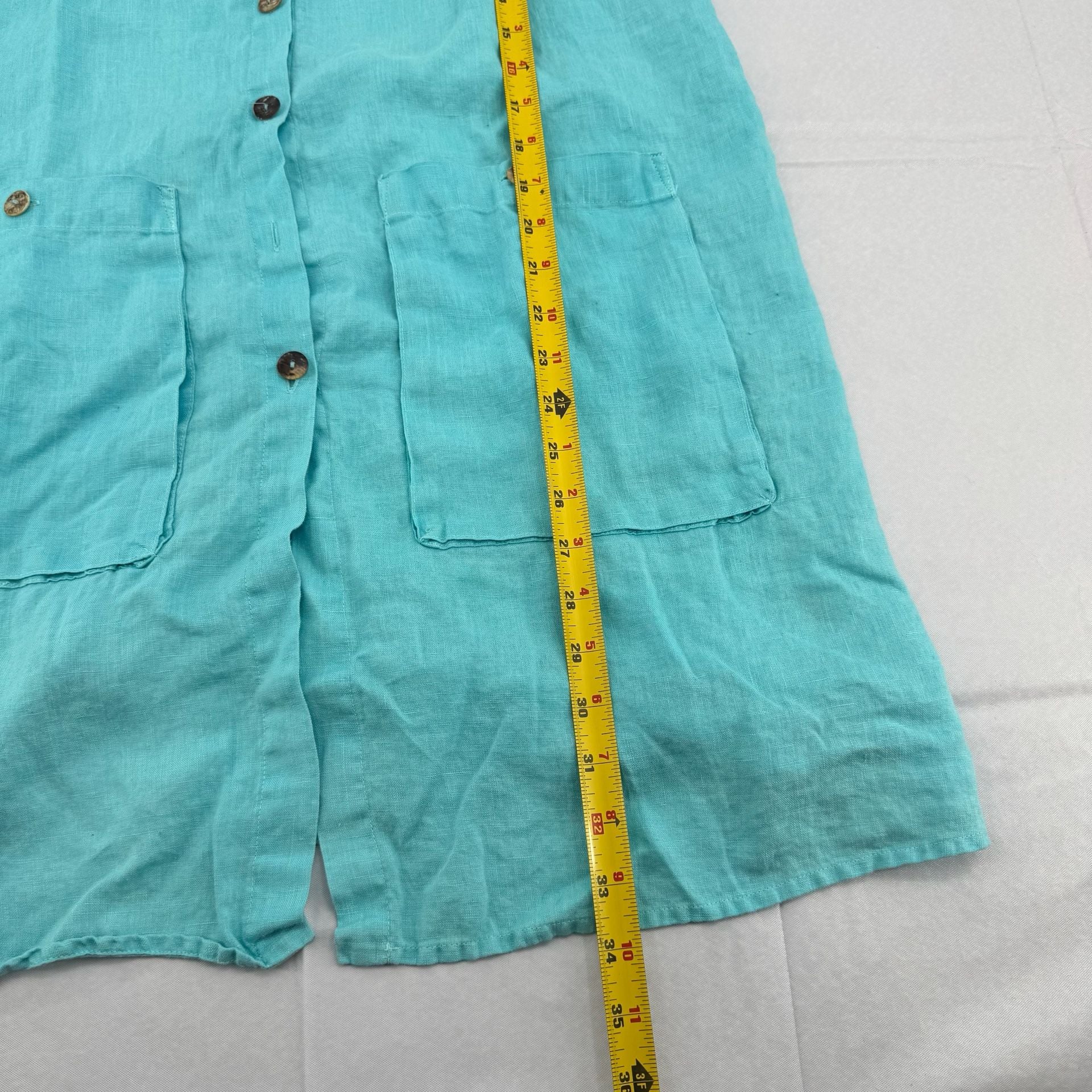 Kleen Linen Dress Size S Turquoise Sleeveless Button Front Pockets 7