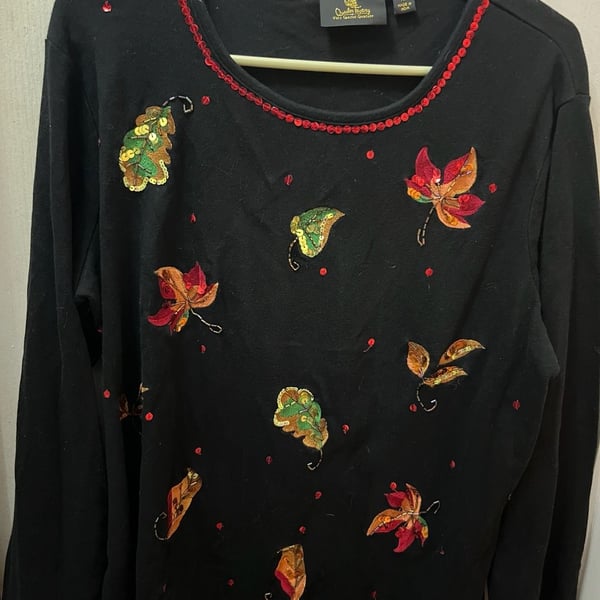 Quacker Factory Fall Leaves Top Size XL Black Embellished