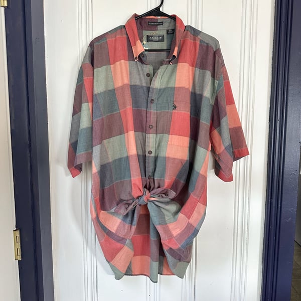 Vintage Knights Plaid Short Sleeve Button-Down Shirt, Size Large Tall