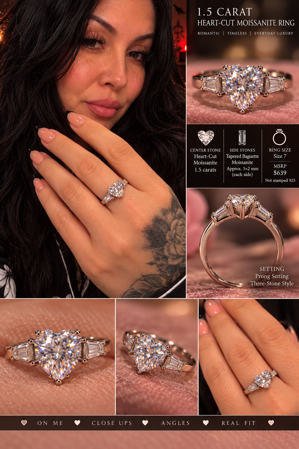 Moissanite Heart-Cut Ring Size 7 1.5 Carat Three-Stone Tapered Baguette bnwt 2