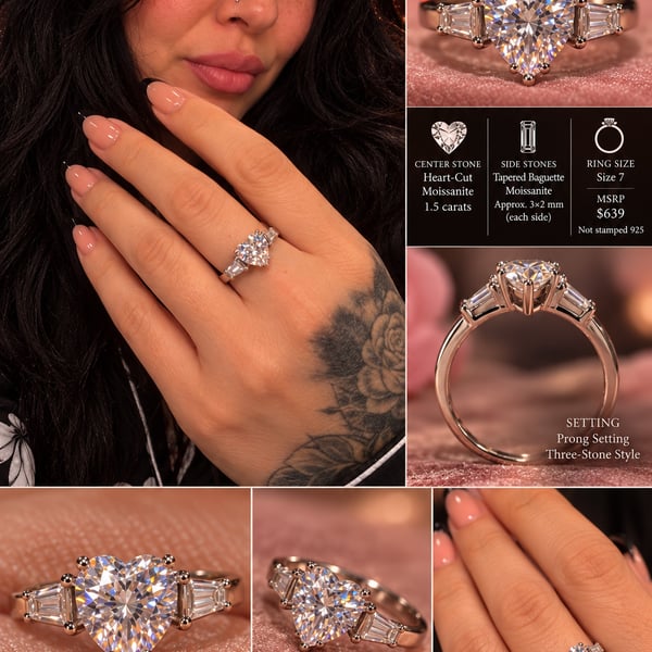 Moissanite Heart-Cut Ring Size 7 1.5 Carat Three-Stone Tapered Baguette bnwt
