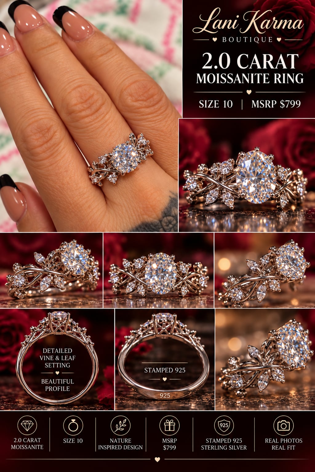2.0 Carat Moissanite Ring Size 10 Sterling Silver 2