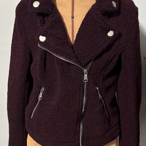 Vigoss Faux Fur Teddy Moto Jacket Size S Burgundy