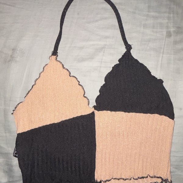 SHEIN Colorblock Halter Top S Black Brown Lettuce Trim