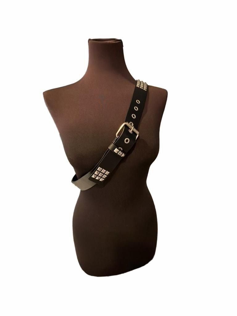 Black 3-Row Pyramid Studded Punk Rock Belt with Silver Hardware 1