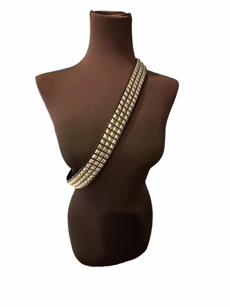 Black 3-Row Pyramid Studded Punk Rock Belt with Silver Hardware 2