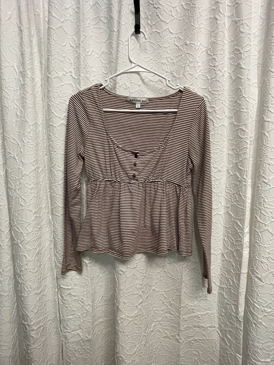 Madden Girl Striped Henley Babydoll Top Size L Long Sleeve Brown 2