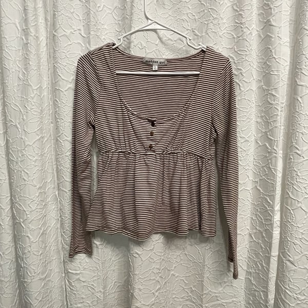 Madden Girl Striped Henley Babydoll Top Size L Long Sleeve Brown