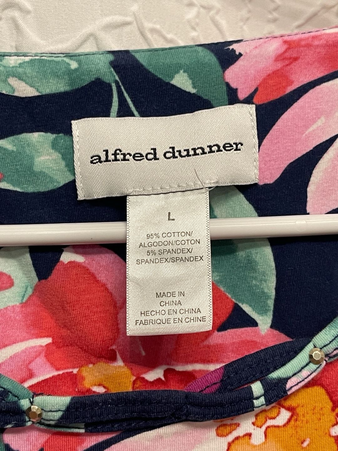 Alfred Dunner Floral Top Size L Navy Multi Cotton 3/4 Sleeve Beaded Neckline 3