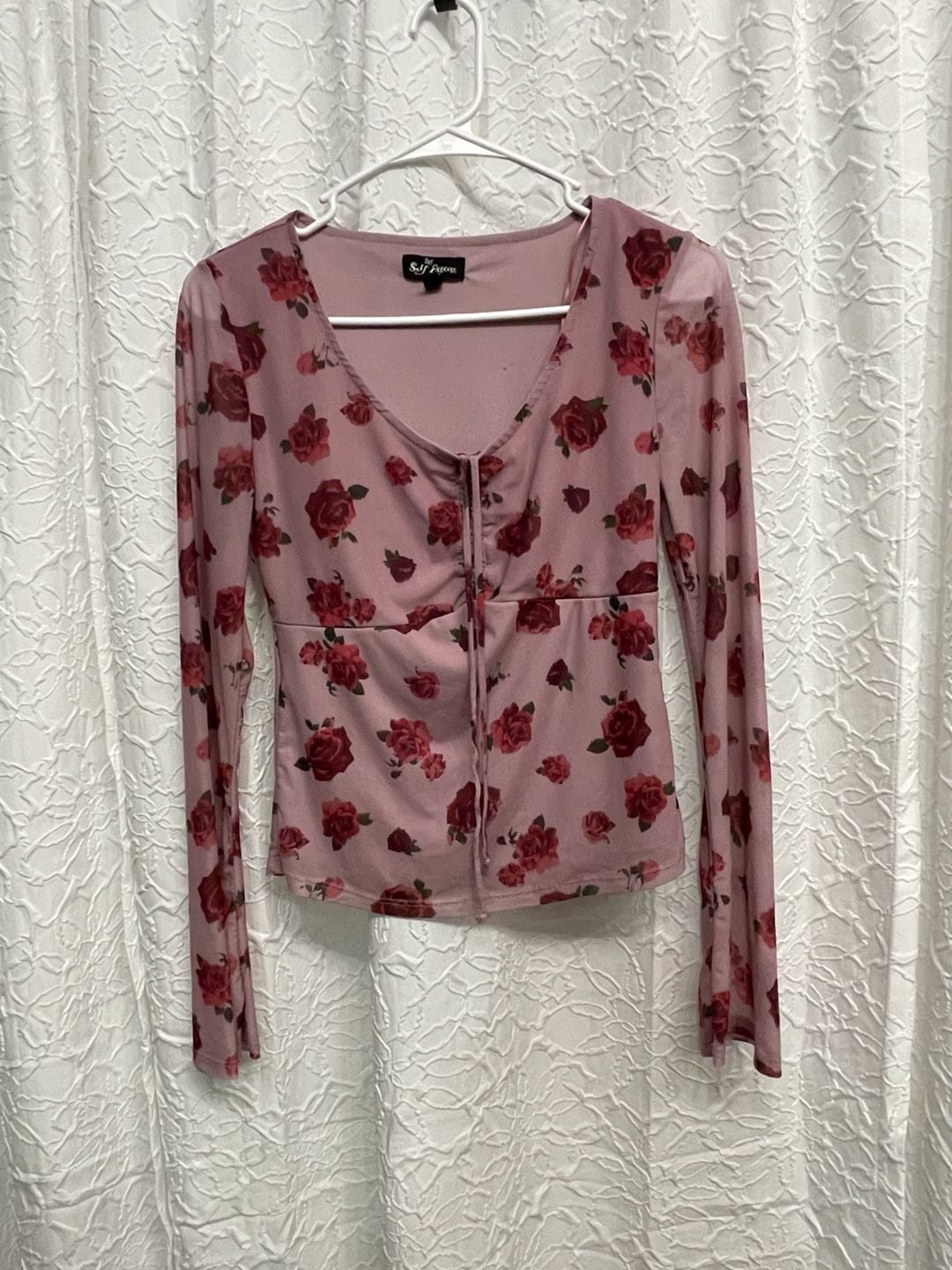 Self Esteem Mesh Top Size S Pink Floral Print Long Sleeve Tie Front 2