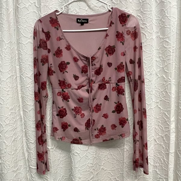 Self Esteem Mesh Top Size S Pink Floral Print Long Sleeve Tie Front