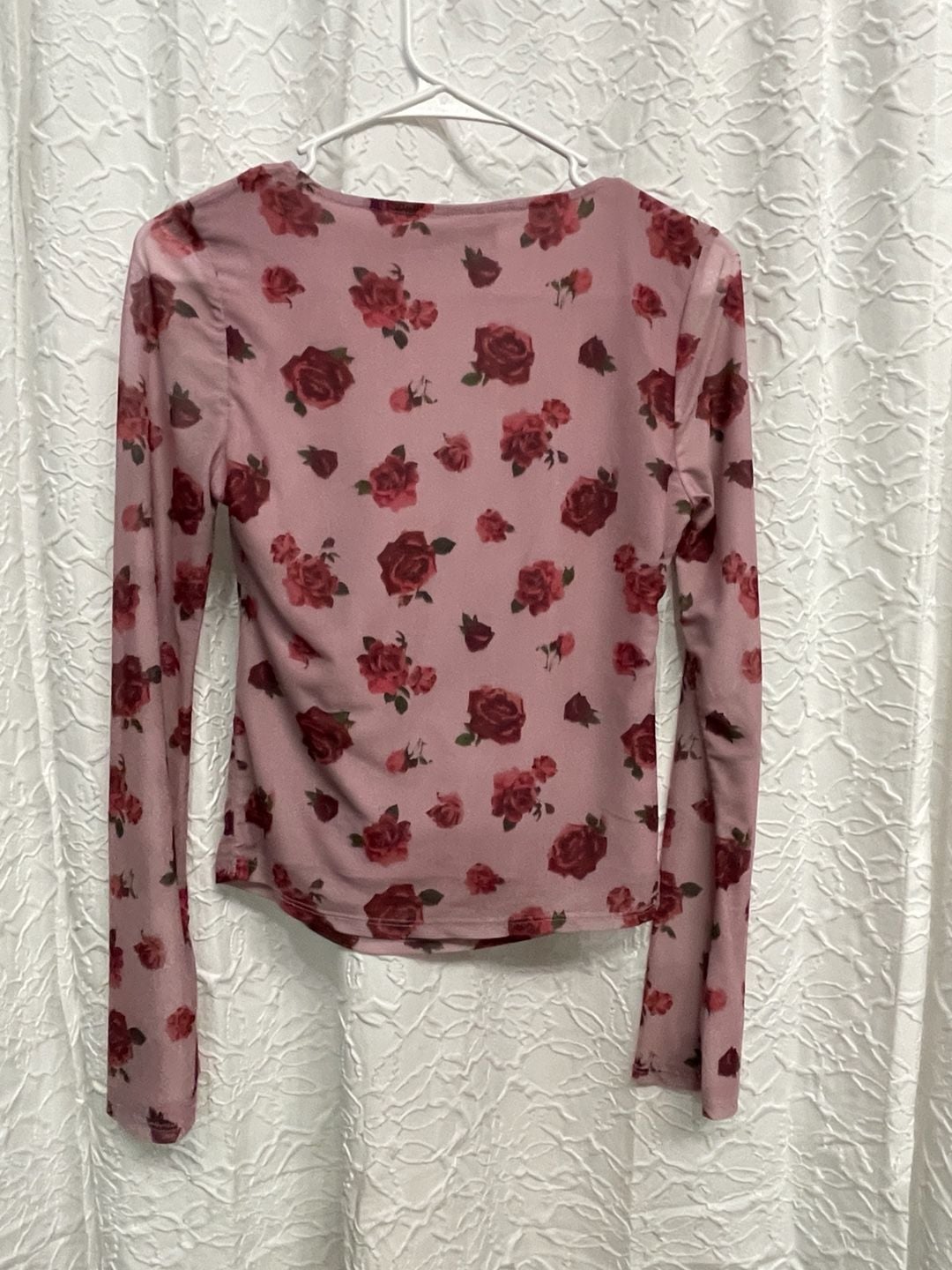 Self Esteem Mesh Top Size S Pink Floral Print Long Sleeve Tie Front 3