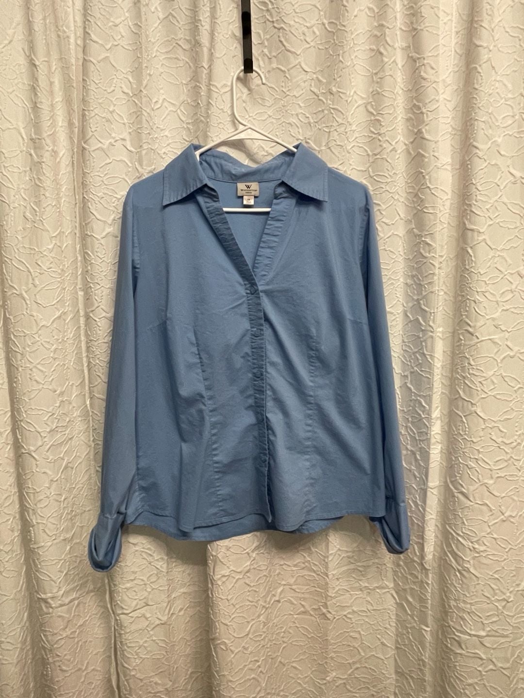 Worthington Stretch Button Up Shirt Size 14 Blue Long Sleeve Collared Top 2