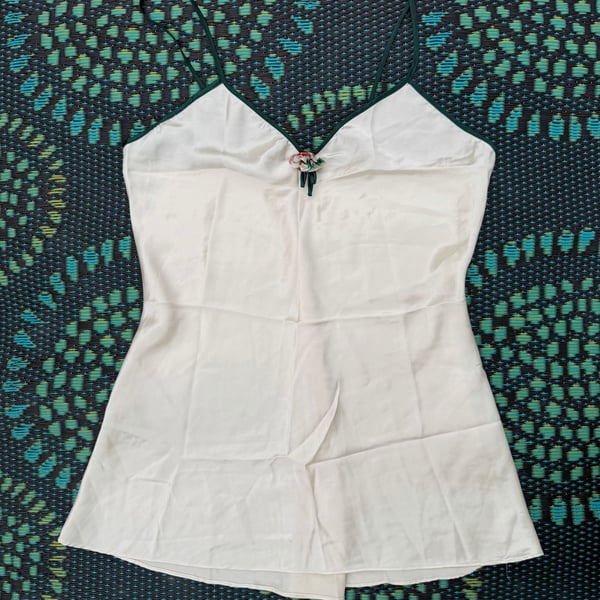 Wendy Ann Cami White Satin Green Trim Floral Applique