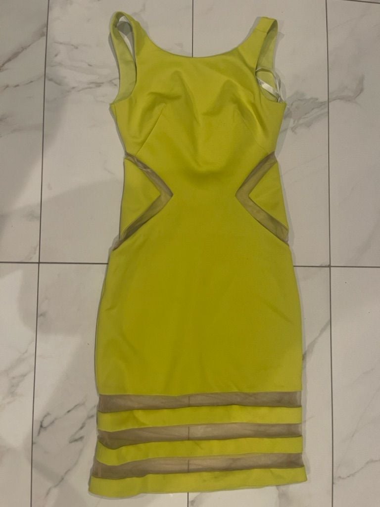 Terani Couture Yellow Cutout Mesh Panel Cocktail Dress 2