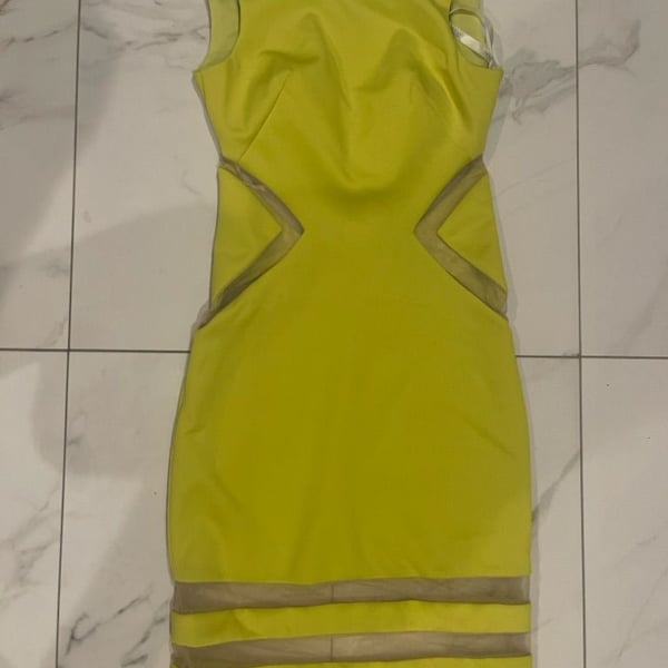 Terani Couture Yellow Cutout Mesh Panel Cocktail Dress