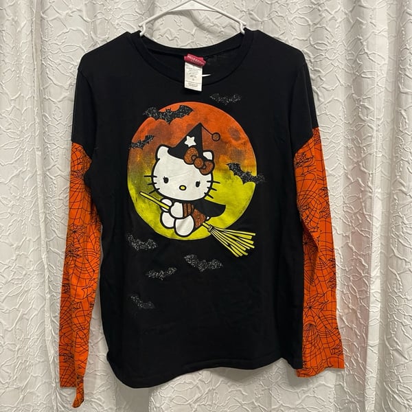 Hello Kitty Witch Halloween Long Sleeve Shirt Size XXG (19) Black Orange