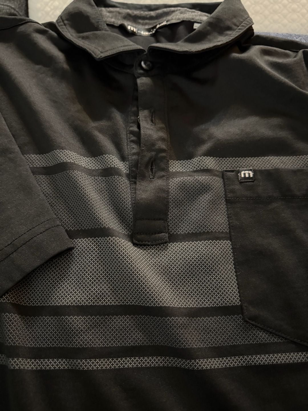 TravisMathew Polo Shirt Size L Black Striped Pocket Golf 3