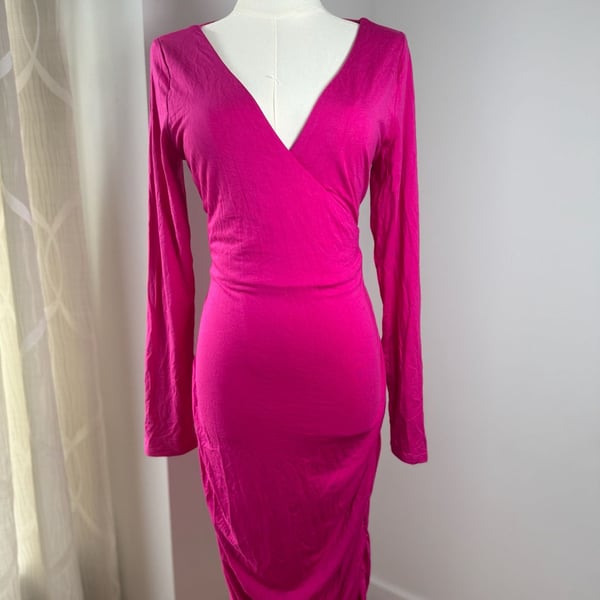 Halara Long Sleeve V-Neck Midi Dress Size L Fuchsia Pink Ruched Casual