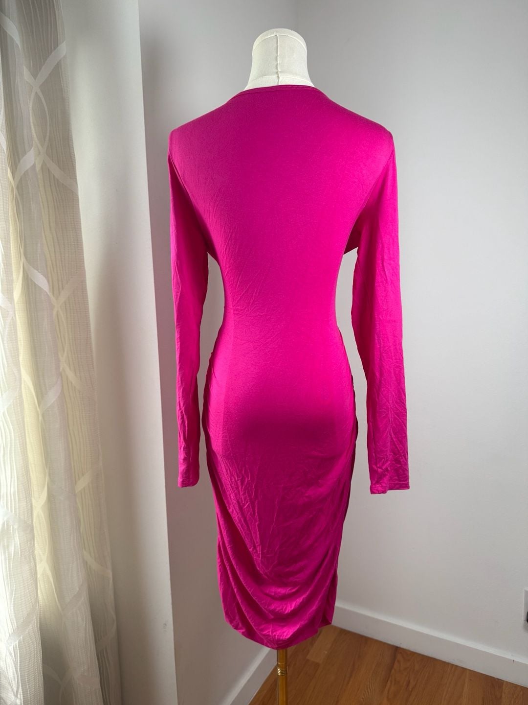 Halara Long Sleeve V-Neck Midi Dress Size L Fuchsia Pink Ruched Casual 2