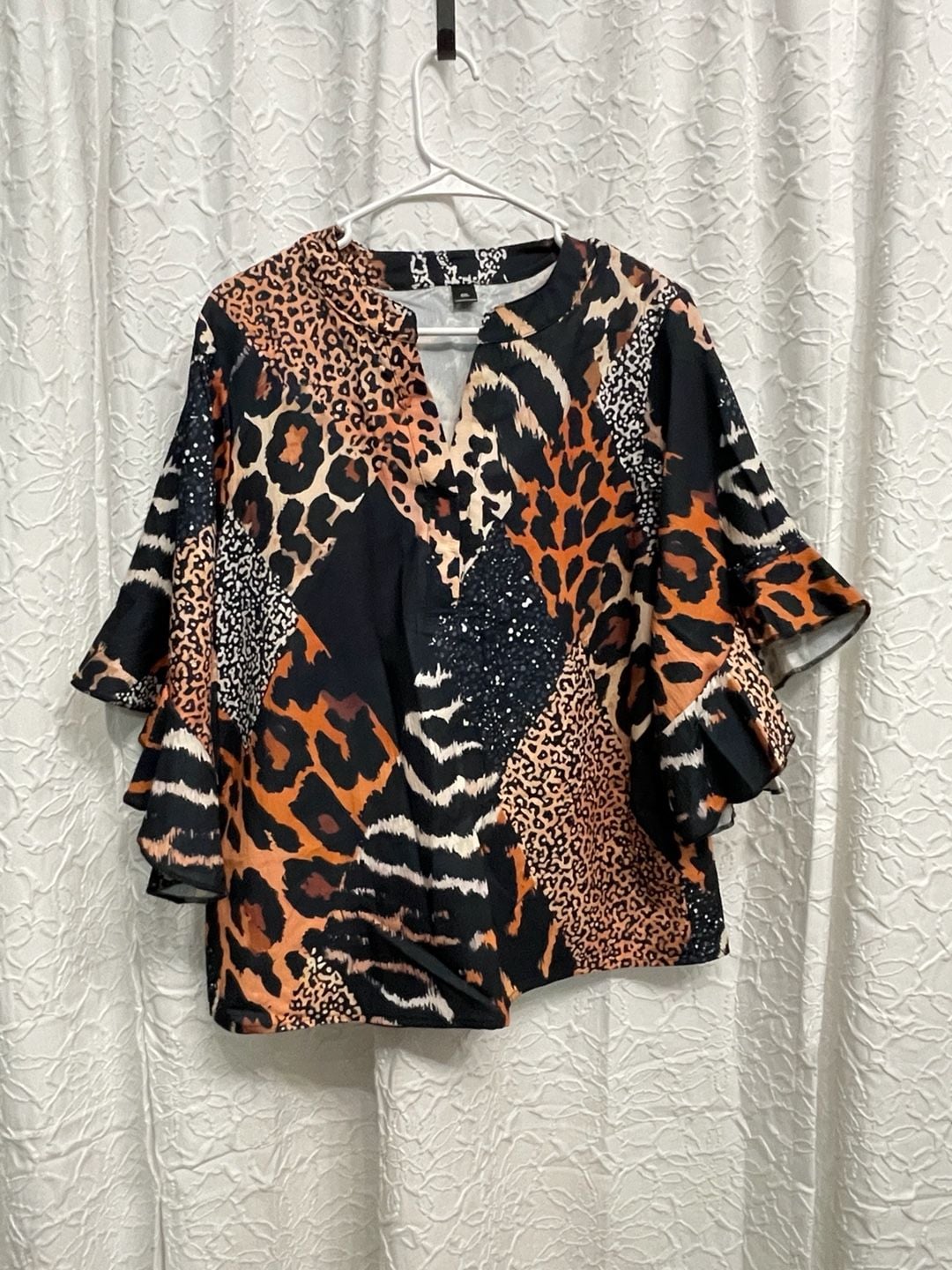 SHEIN Animal Print Blouse Size 0XL Black Multi Leopard Patchwork Bell Sleeve 2