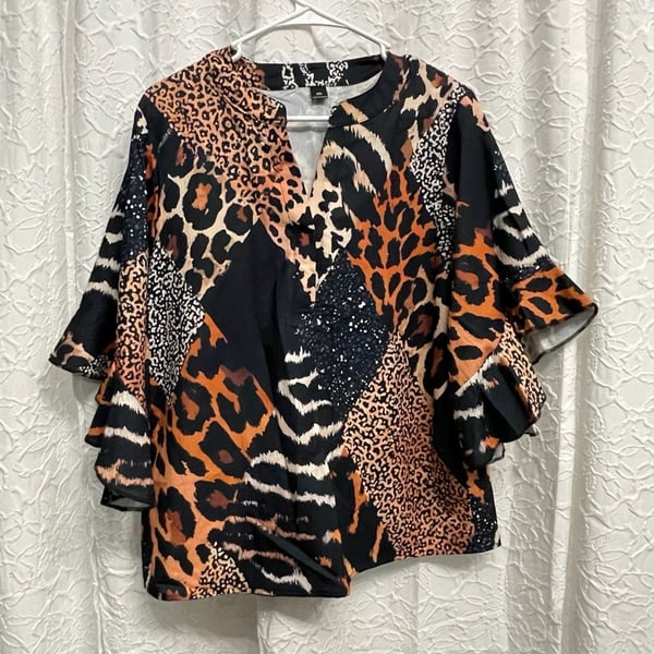 SHEIN Animal Print Blouse Size 0XL Black Multi Leopard Patchwork Bell Sleeve