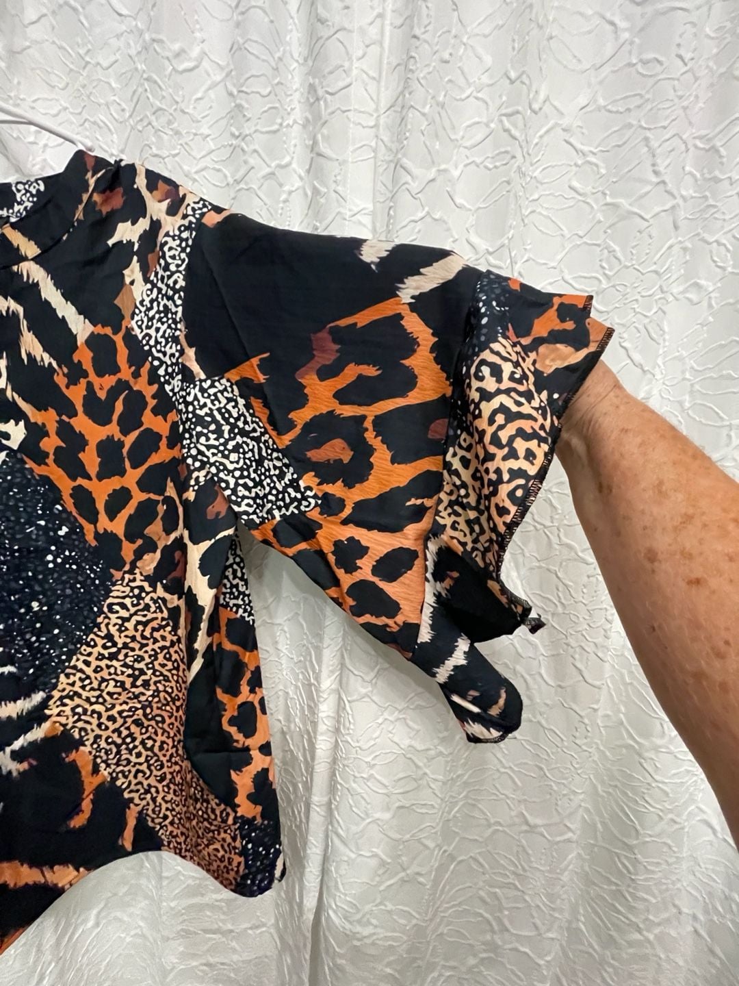 SHEIN Animal Print Blouse Size 0XL Black Multi Leopard Patchwork Bell Sleeve 4