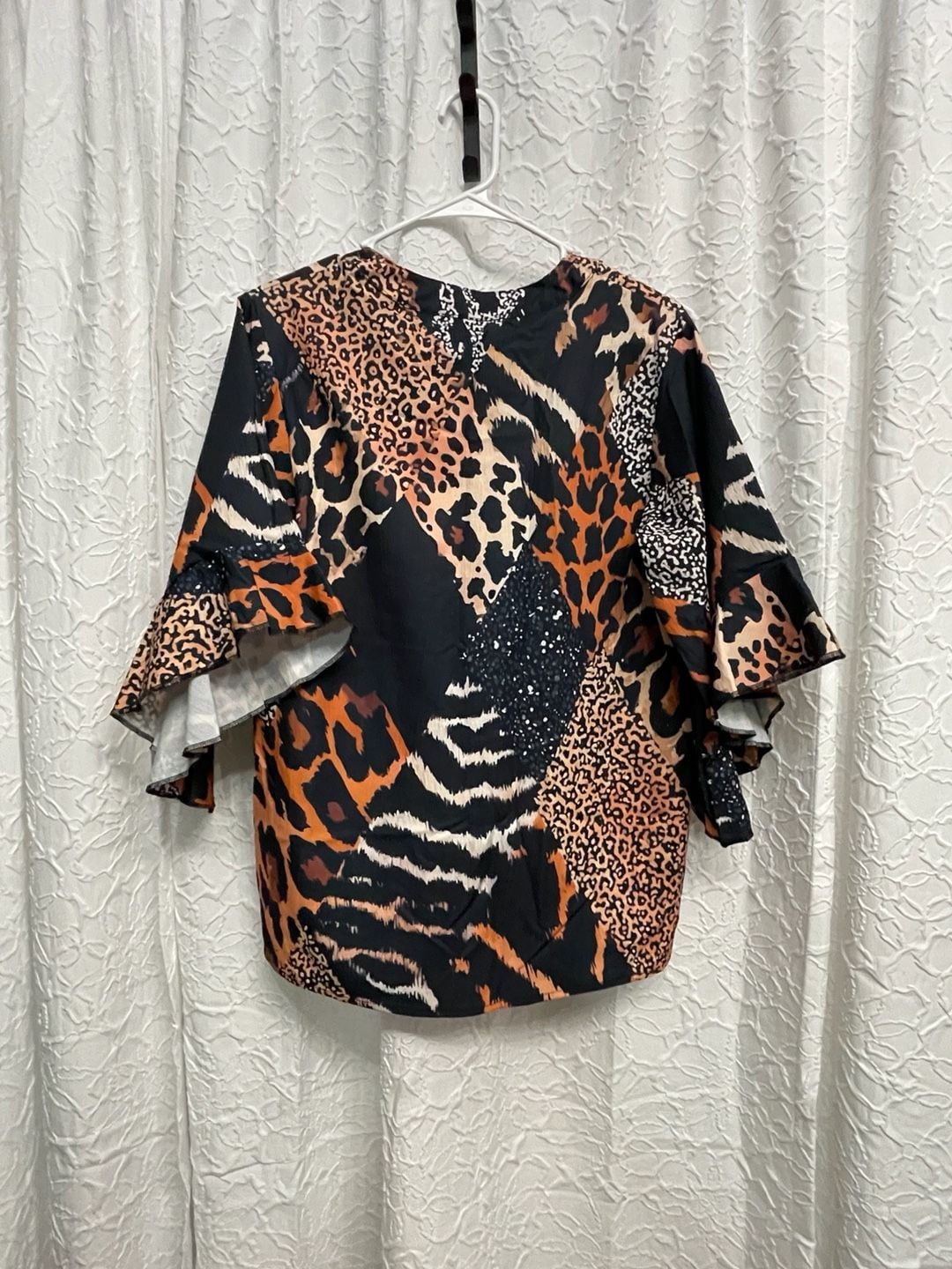 SHEIN Animal Print Blouse Size 0XL Black Multi Leopard Patchwork Bell Sleeve 5