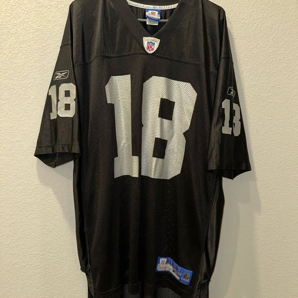 VTG Oakland Raiders Jersey Men's L NFL Football Randy Moss #18 Reebok On Field