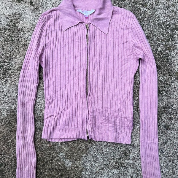 A- No Boundaries Pink Ribbed Long Sleeve Two Way Zip Collared Cardigan - Size S
