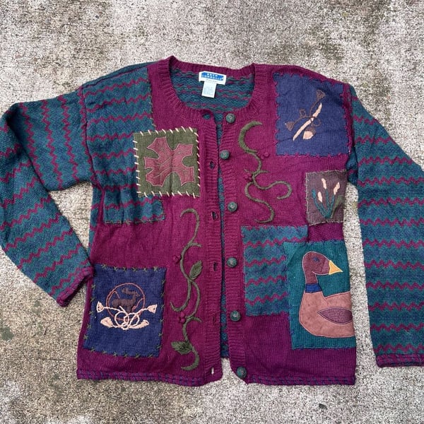A- Vintage Bryn Connelly Grandmacore Duck Patchwork Cardigan Sweater - Size S