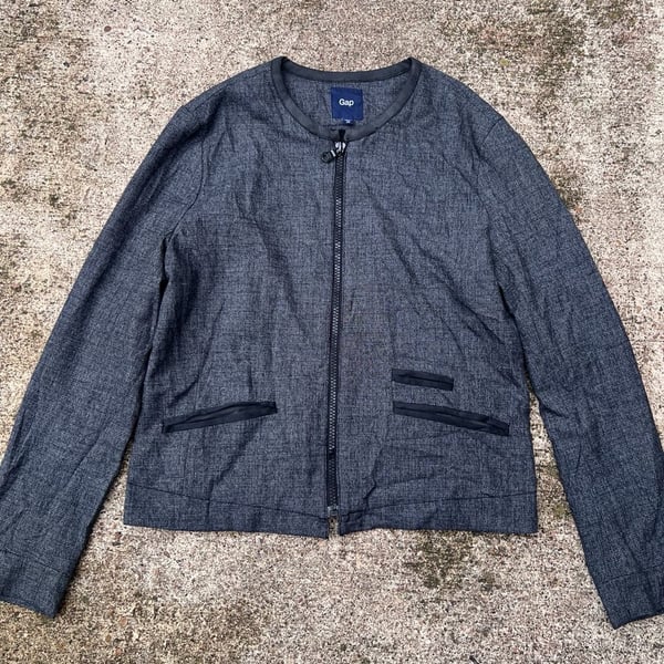 A- Gap Blue Linen Blend Collarless Full Zip Bomber Jacket - Size XS